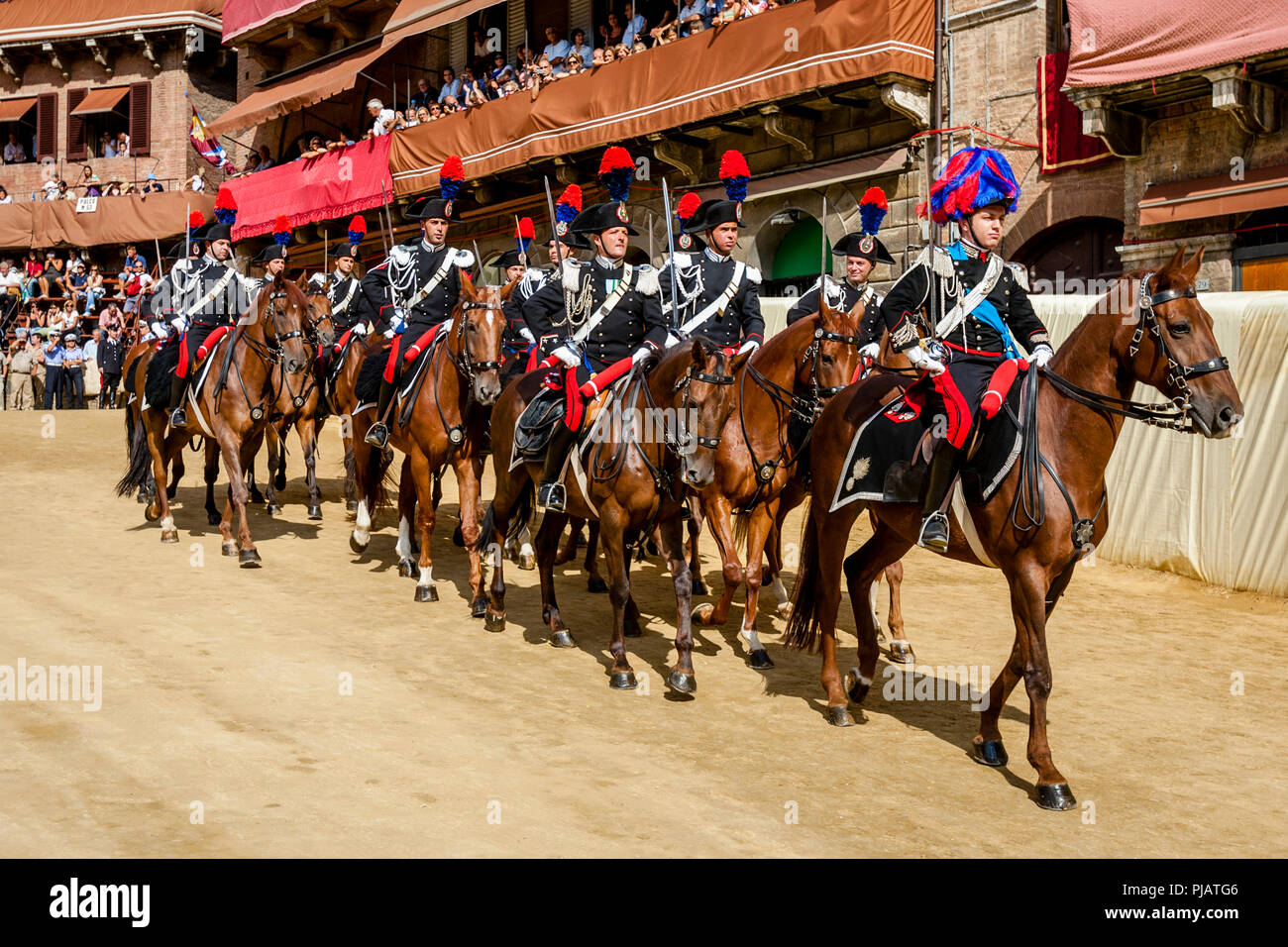 La sezione montata dei Carabinieri (forza di polizia) Preparare per correre intorno alla pista prima dell'inizio del Palio di Siena, Siena, Italia Foto Stock