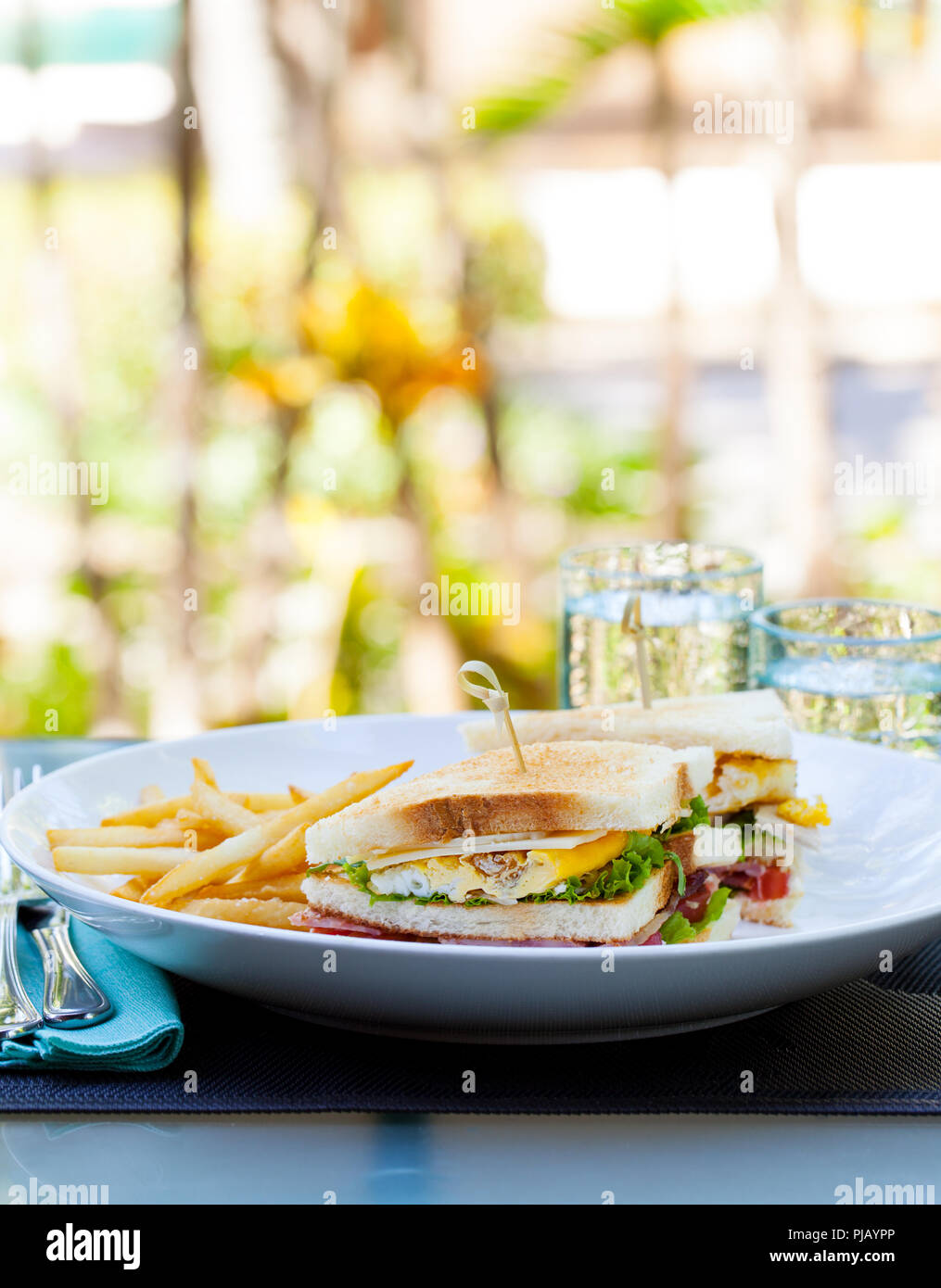 Club sandwich con patatine fritte su una piastra bianca. Estate sfondo all'aperto. Copia dello spazio. Foto Stock