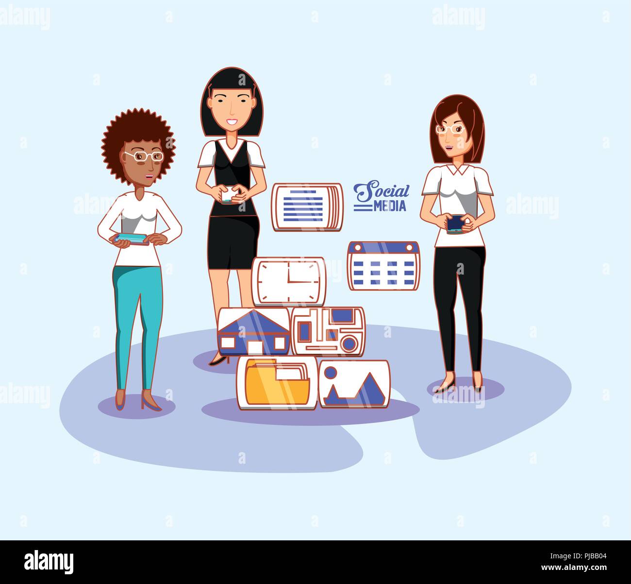 Donna di gruppo utilizzando i dispositivi smartphone Applicazioni di social media illustrazione vettoriale Illustrazione Vettoriale