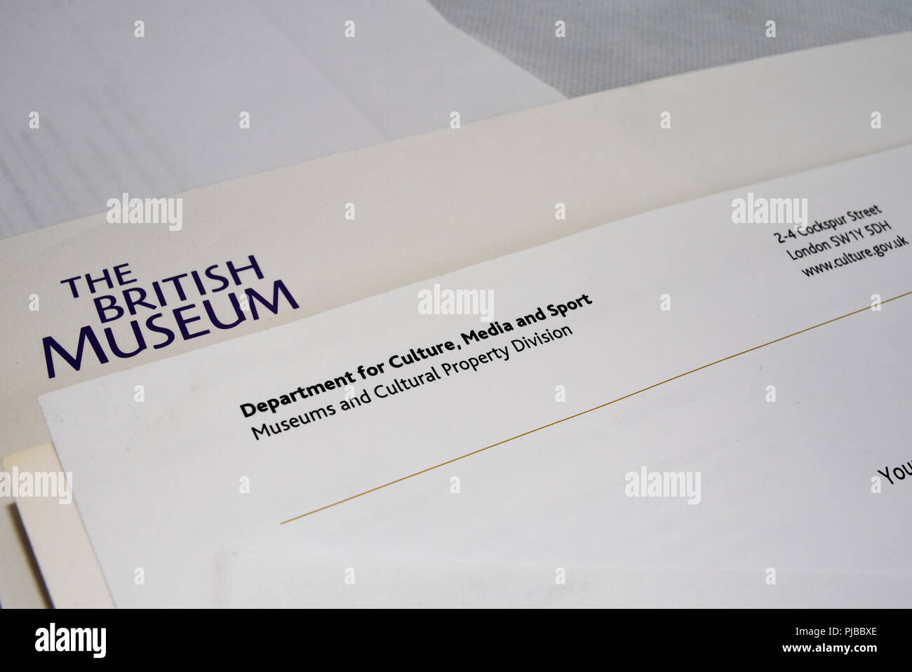 Documenti della Divisione Cultura, Media e Sport, Musei e beni culturali relativi ai reperti di tesori. British Museum. Testa lettera Foto Stock