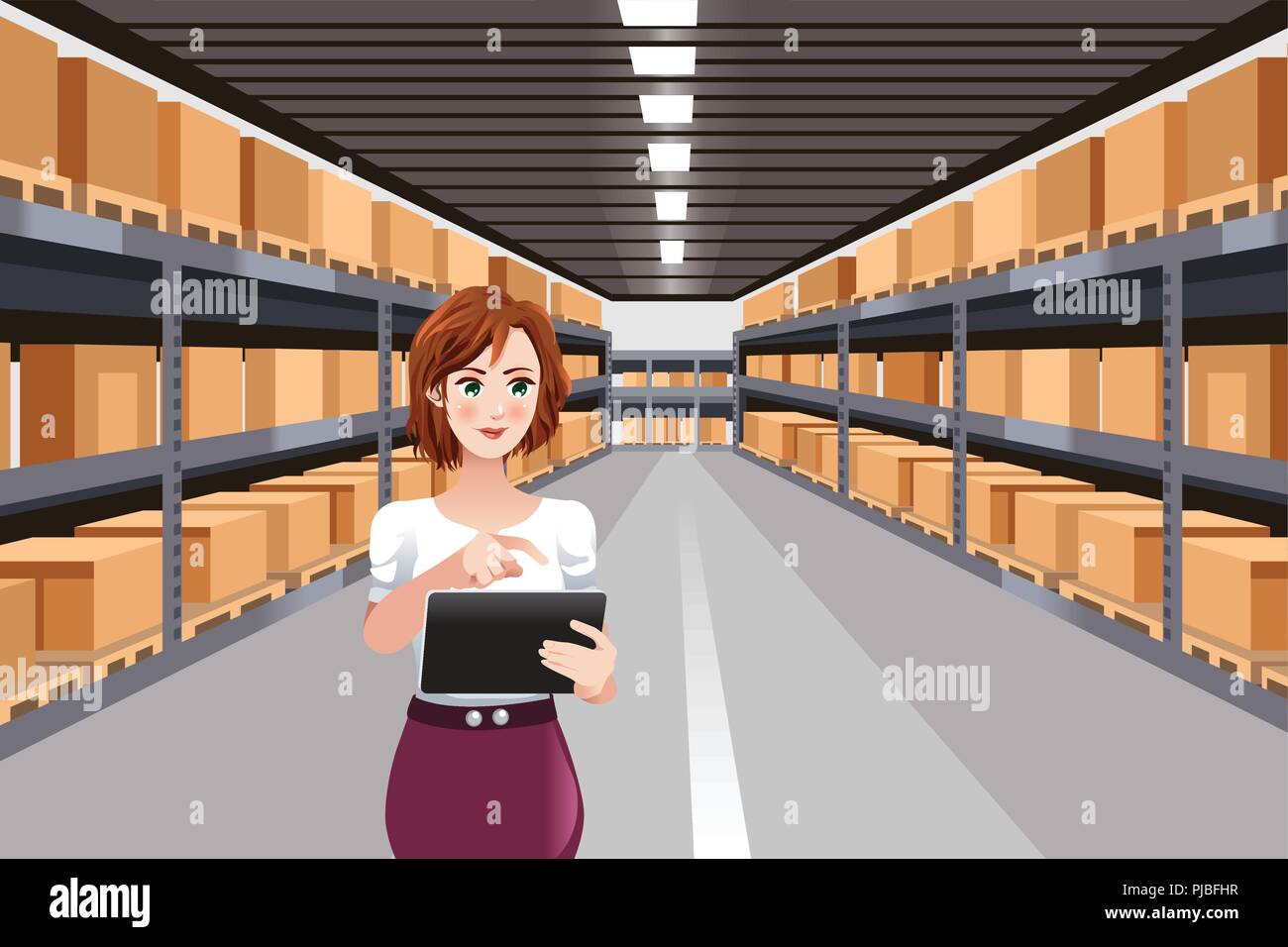 Una illustrazione vettoriale di bella donna che lavorano in un magazzino utilizzando un Tablet PC Illustrazione Vettoriale