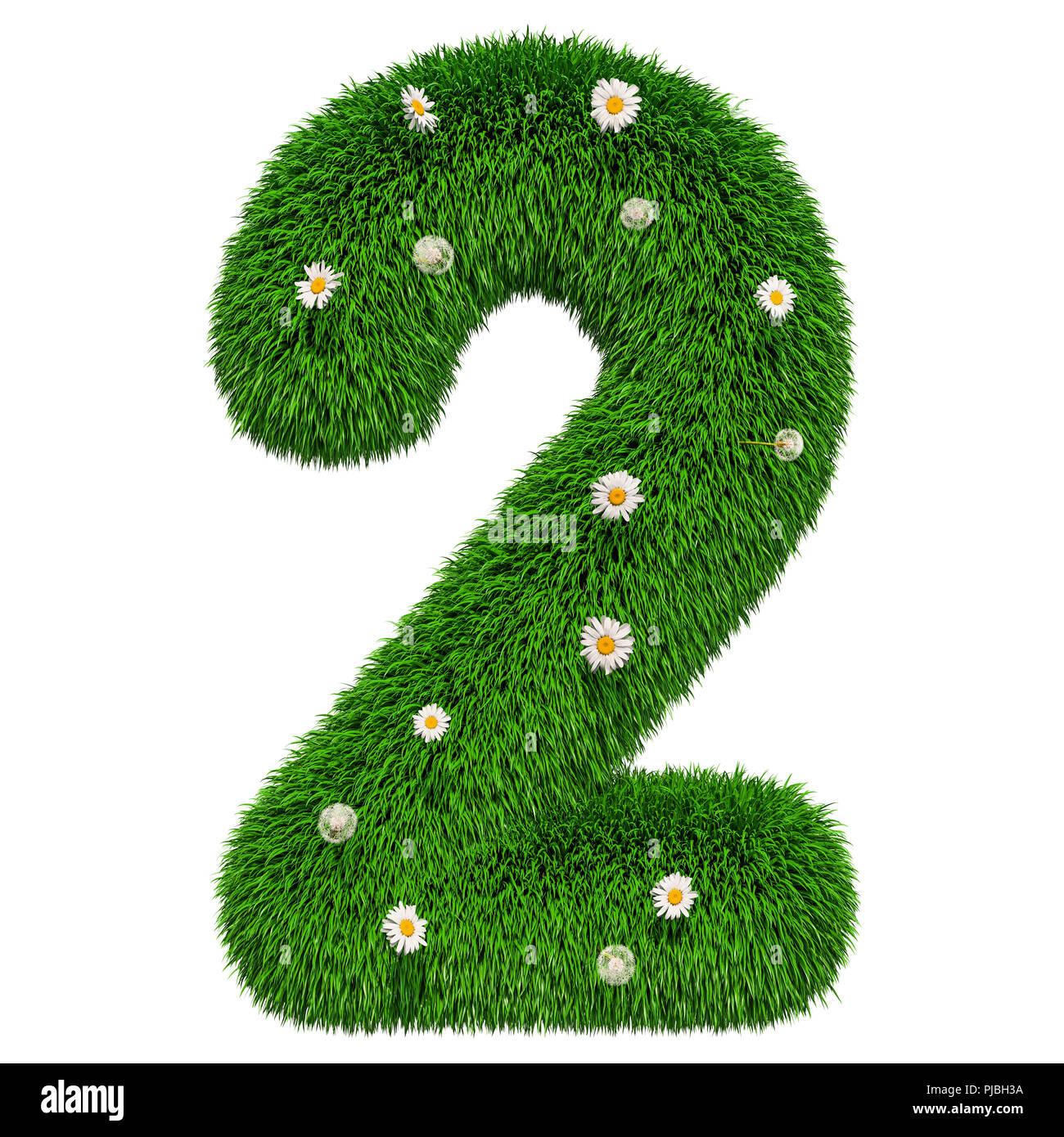 Numero 2 da erba con fiori, 3D rendering isolati su sfondo bianco Foto Stock