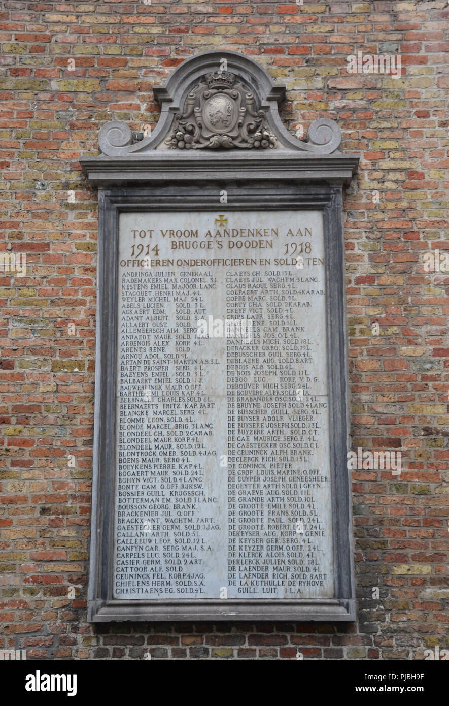 Elenco dei soldati caduti nella II Guerra Mondiale in Brugge, Belgio Foto Stock