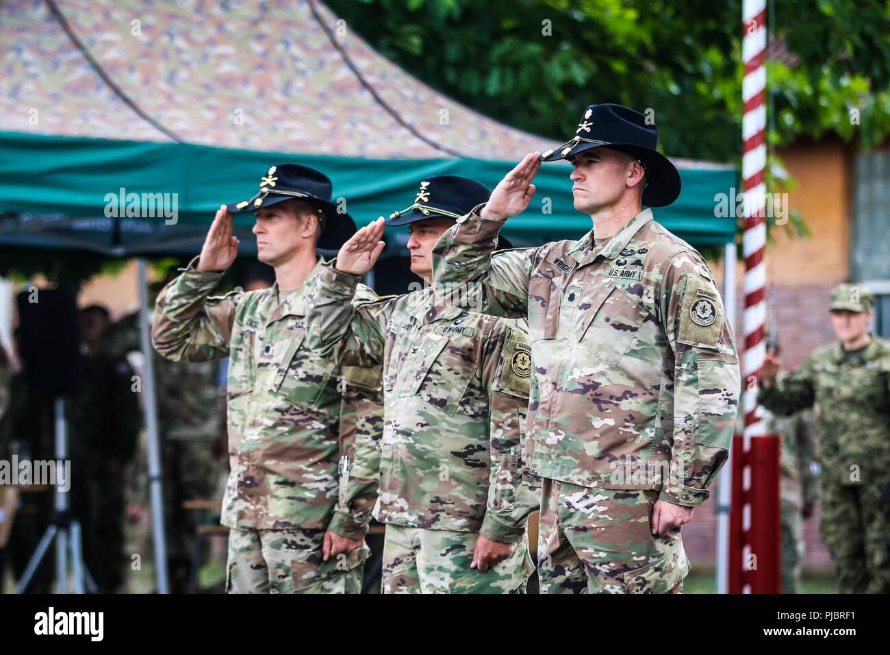 (Da sinistra a destra) Lt. Col. Adam lacchè, Col. Patrick Ellis, e il tenente Col. Timothy Wright salute durante un cambiamento di cerimonia di comando per il gruppo da battaglia della Polonia a Bemowo Piskie Area Formazione, Polonia il 14 luglio 2018. Gruppo di combattimento della Polonia è un luogo unico e multinazionale di coalizione di Stati Uniti, Regno Unito, croato e soldati rumeni che servono con il polacco della XV Brigata meccanizzata come una forza di dissuasione a sostegno della NATO in avanti rafforzata presenza. Foto Stock