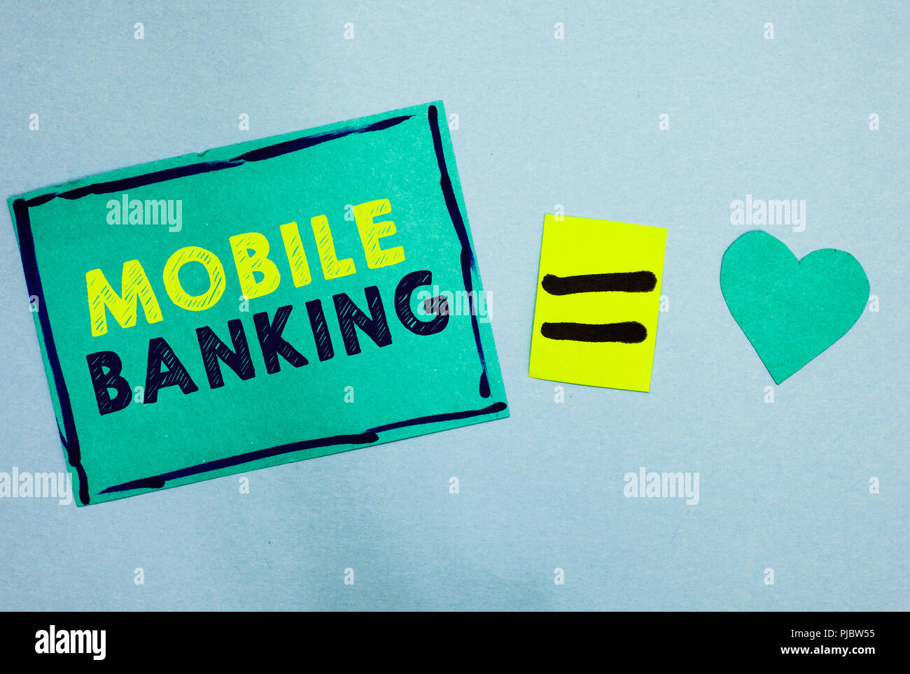 Testo della scrittura Mobile Banking. Concetto di monitoraggio significato saldi di conto il trasferimento di fondi pagamento fattura carta turchese note di promemoria pari sig Foto Stock