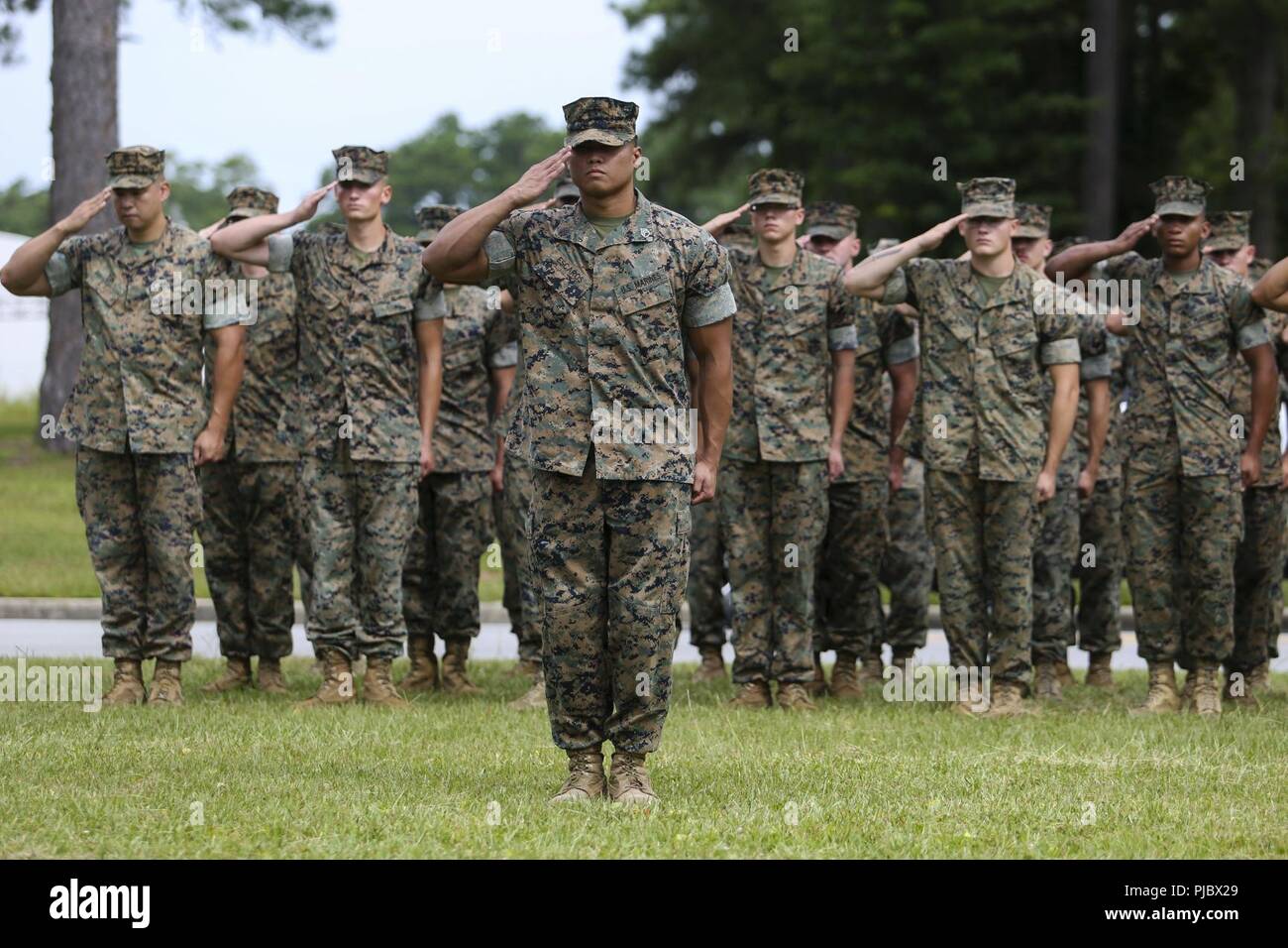 Marines con ottavo battaglione di comunicazioni, II Marine forza expeditionary gruppo informazioni di frequentare l'attivazione del comando cerimonia per il cyberspazio difensivo le operazioni interne alle misure di difesa (DCO-IDM) Azienda sul Camp Lejeune, N.C., 16 luglio 2018. Al fine di affrontare la crescente minaccia del cyberspazio per la Marine Air Ground Task Force il DCO-IDM società potranno eseguire una vasta gamma di funzionalità che includono la missione azioni di assicurazione, attivamente la caccia per le minacce avanzate persistenti che eludere le usuali misure di sicurezza. La società verrà dinamicamente ristabilire, ri-secure, ridisporre, reconst Foto Stock