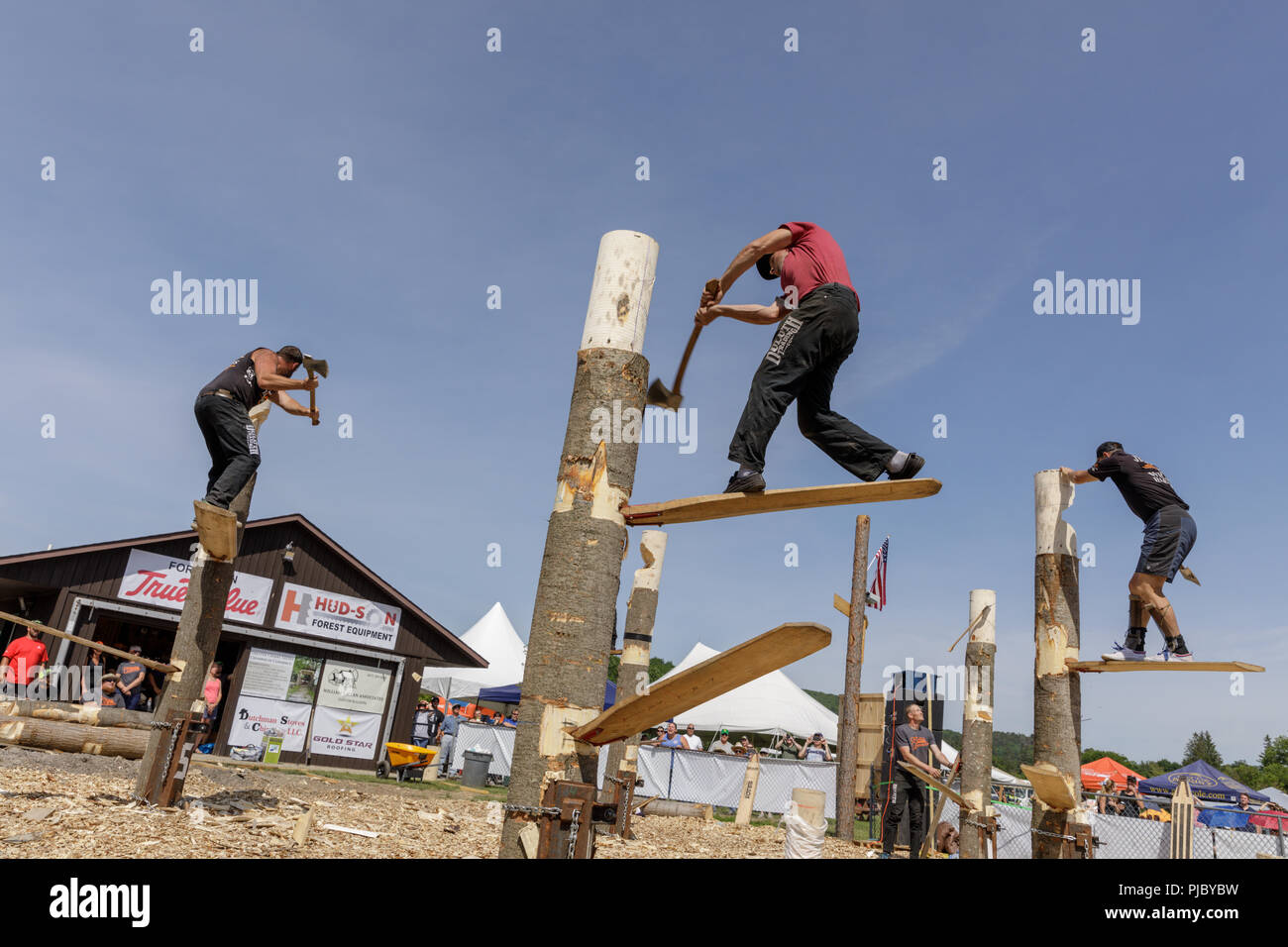 Gli uomini di competere nel concorso lumberjack, Cherry Valley giochi all'aperto, Otsego County, nello Stato di New York. Foto Stock