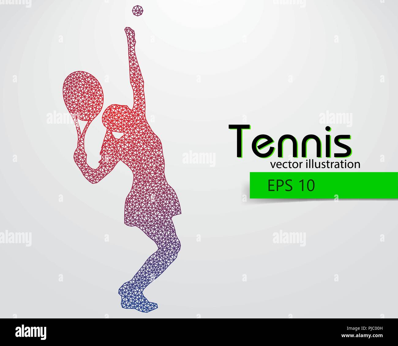 Silhouette di un giocatore di tennis a partire da triangoli. Il testo e lo sfondo su uno strato separato, il colore può essere cambiato in un solo clic. Illustrazione Vettoriale