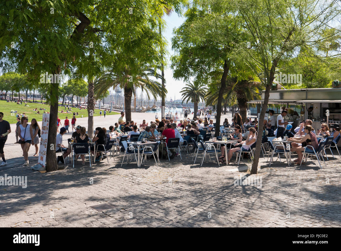 La gente seduta al di fuori di un ristorante mangia e beve, Barcellona, Spagna Foto Stock