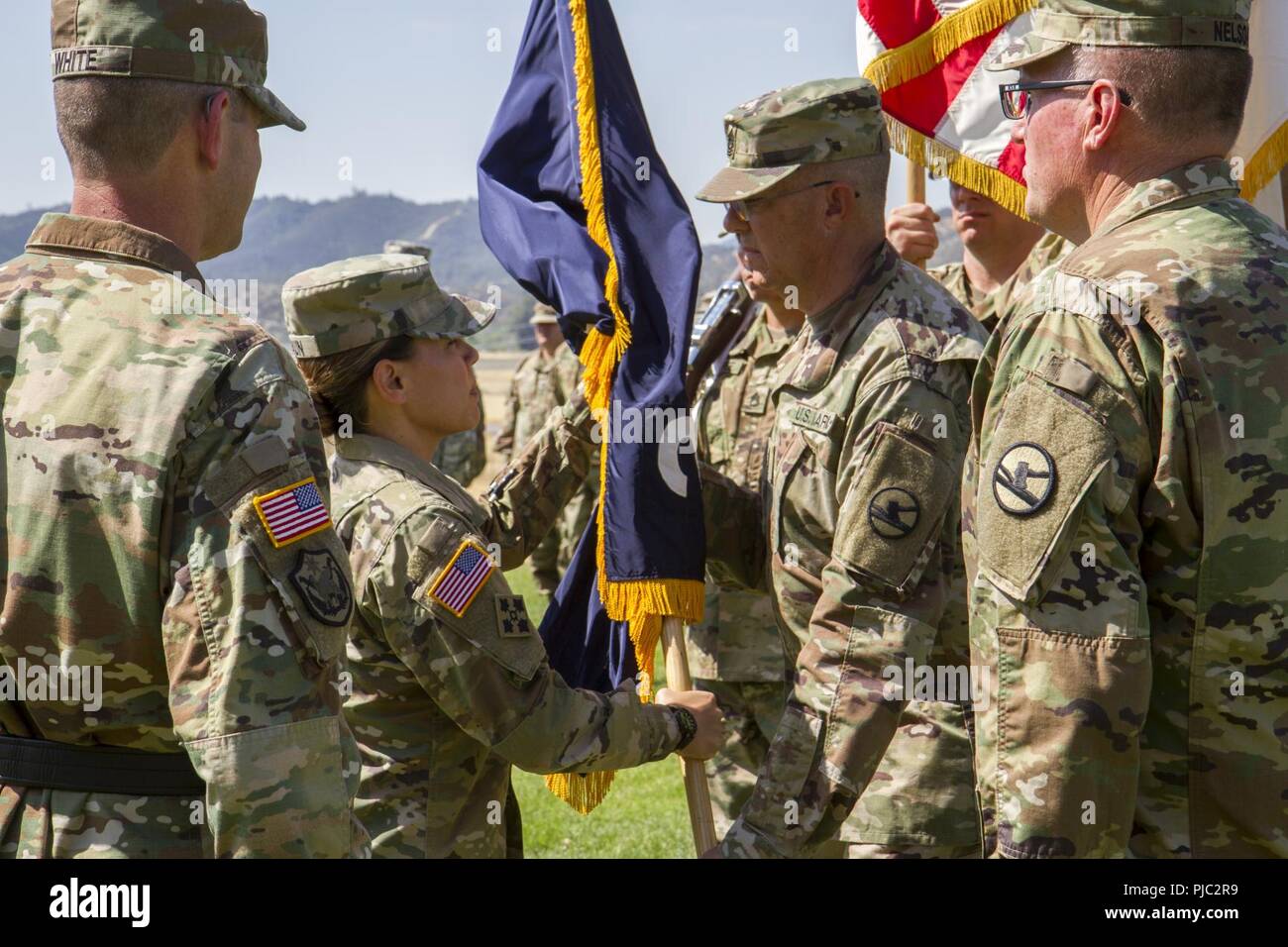 FORT HUNTER LIGGETT-- U.S. La riserva di esercito Col. Katherine M. Braun del 2° Brigata, Pacific Division, 84A Comando di formazione riceve il comando di colori unità durante un cambio del comando cerimonia sulla luglio 20, 2018 a Fort Hunter Liggett, California. Braun ha assunto il comando della brigata alla 91Training Division il combattimento a sostenere la formazione di esercizio. Foto Stock