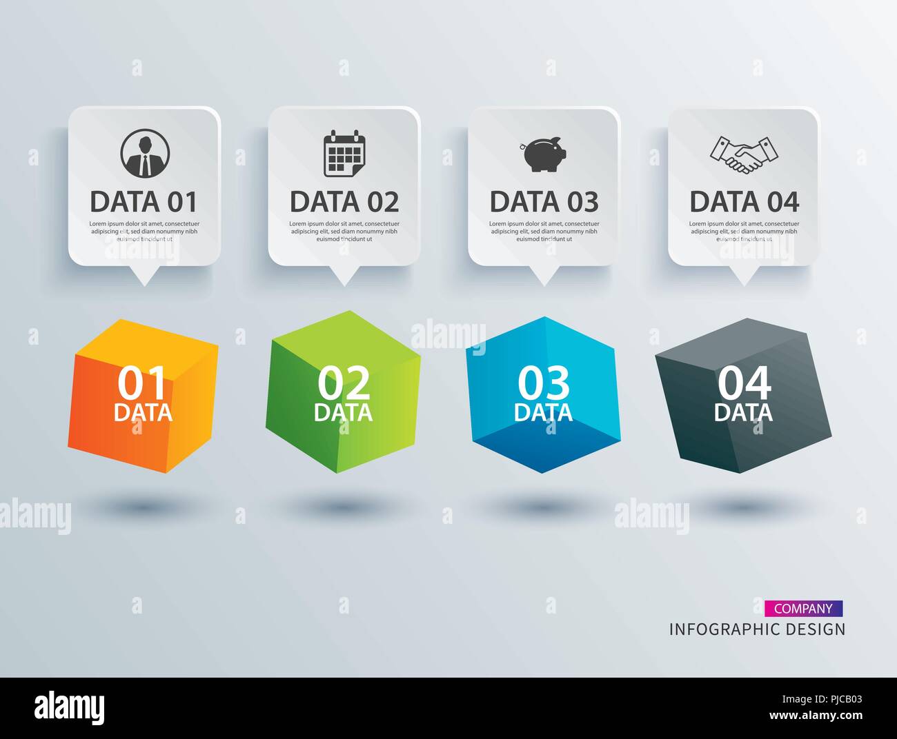 Infographics box quadrato con 4 carta del modello di dati. Illustrazione Vettoriale sfondo astratto. Può essere utilizzato per il layout di flusso di lavoro, business step, tag, bann Illustrazione Vettoriale