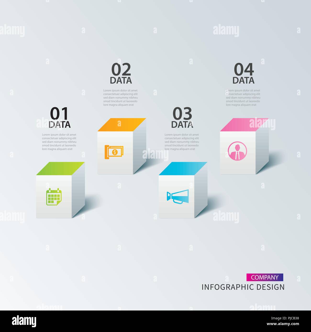 Casella Infographics carta quadrata con 4 modello di dati. Illustrazione Vettoriale sfondo astratto. Può essere utilizzato per il layout di flusso di lavoro, business step, tag, bann Illustrazione Vettoriale