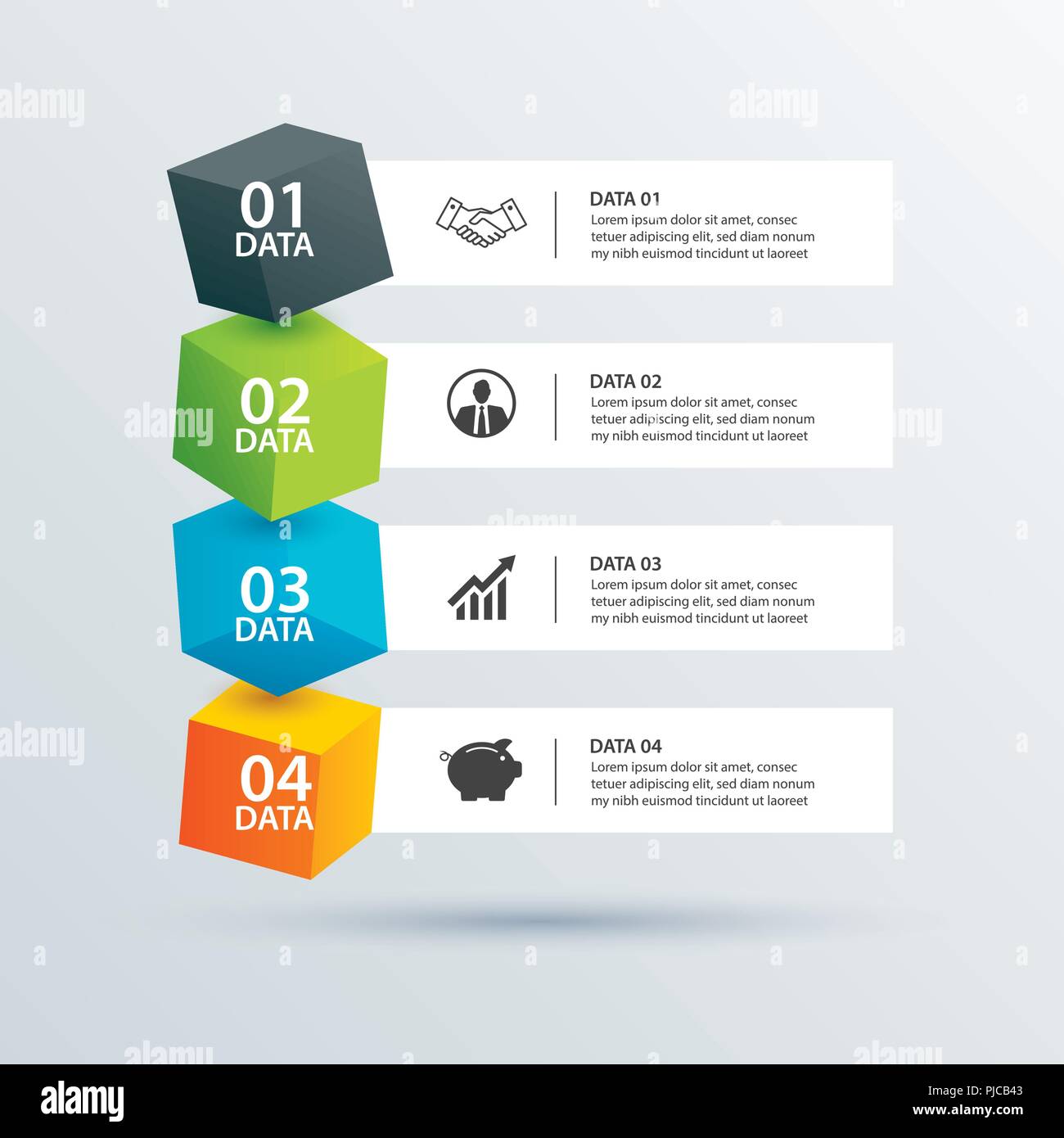 Infographics box quadrato con 4 carta del modello di dati. Illustrazione Vettoriale sfondo astratto. Può essere utilizzato per il layout di flusso di lavoro, business step, tag, bann Illustrazione Vettoriale