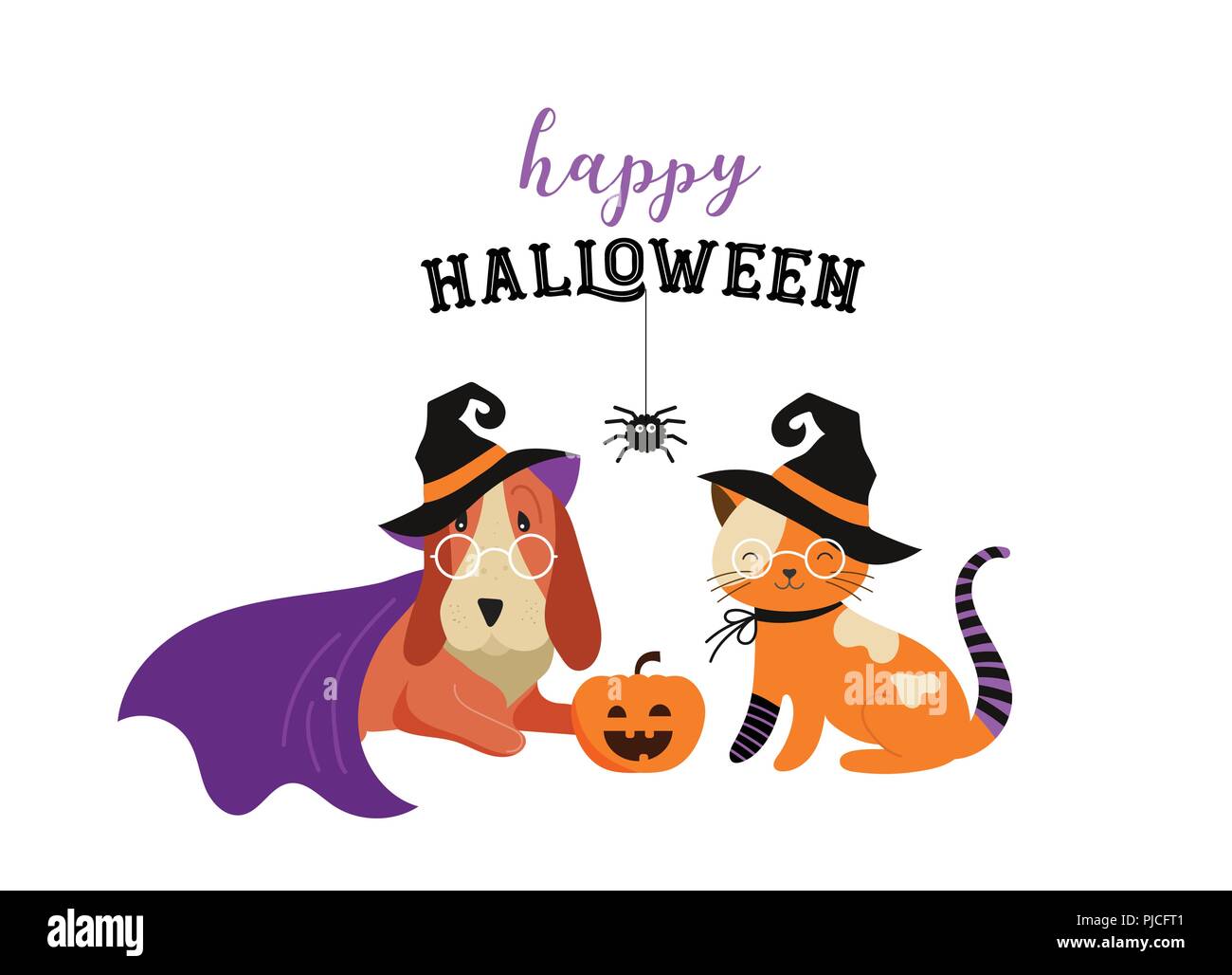 Happy Halloween - Cani e gatti in mostri costumi, festa di Halloween. Illustrazione Vettoriale, banner, set di elementi Illustrazione Vettoriale