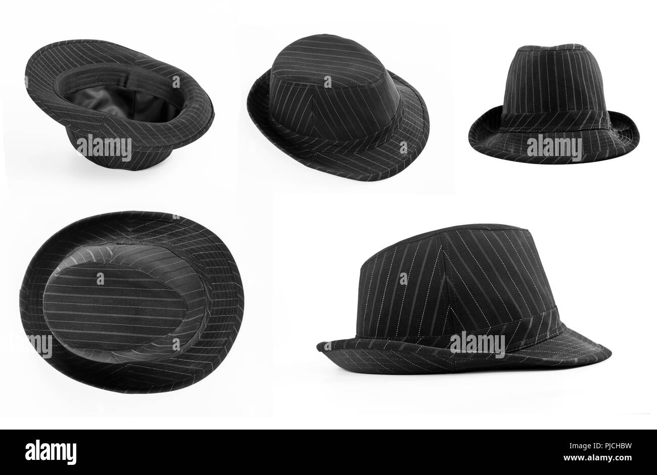 Set di cappelli di colore nero con strisce bianche isolato su bianco. Anteriore, superiore, vista laterale Foto Stock