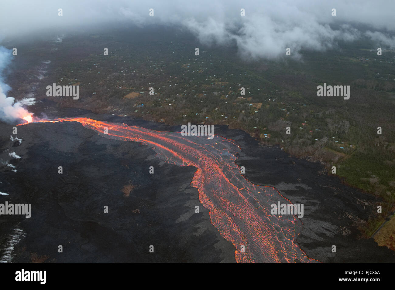 Erutta lava dalla fessura 8 del vulcano Kilauea est Zona di rift in Leilani Estates, vicino Pahoa, Hawaii, e fluisce in discesa come un incandescente fiume di lava Foto Stock