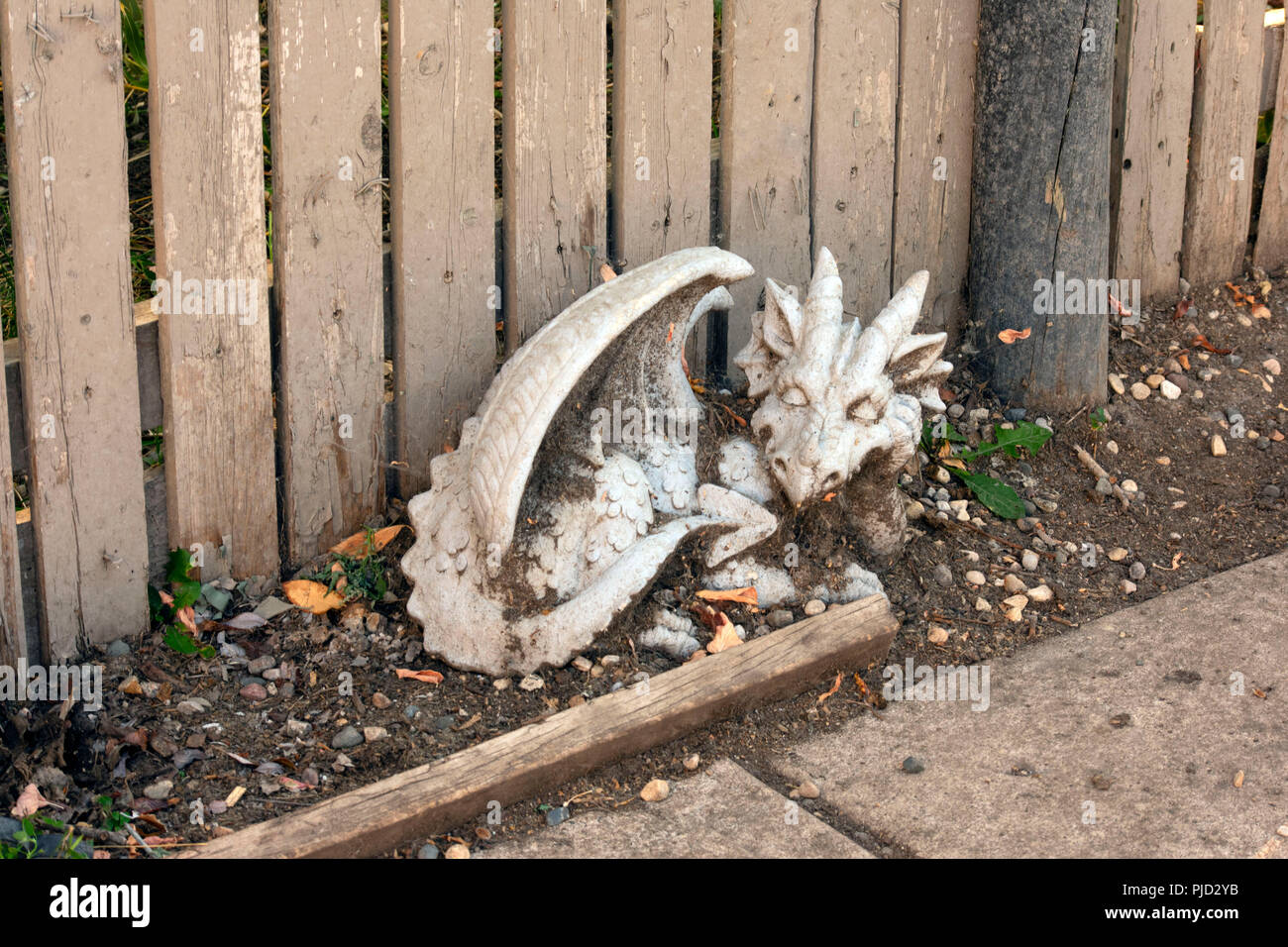 Giardino paesaggio Drago Drago ornamento seduto accanto a una passerella con lo sfondo di una recinzione Foto Stock