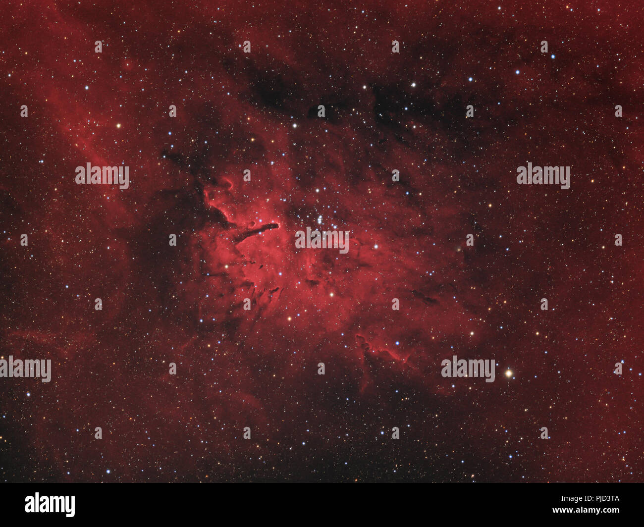 Deep space - emissione nebula Sh2-86 e star open cluster NGC 6823 nella costellazione Volpetta Foto Stock