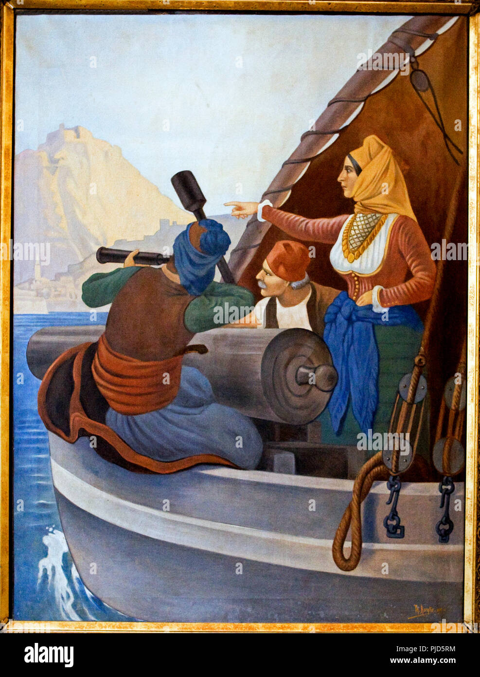 Famoso dipinto di Bouboulina sulla sua nave il Agamennone, museo di famiglia Spetses Isole Greche Hellas Foto Stock