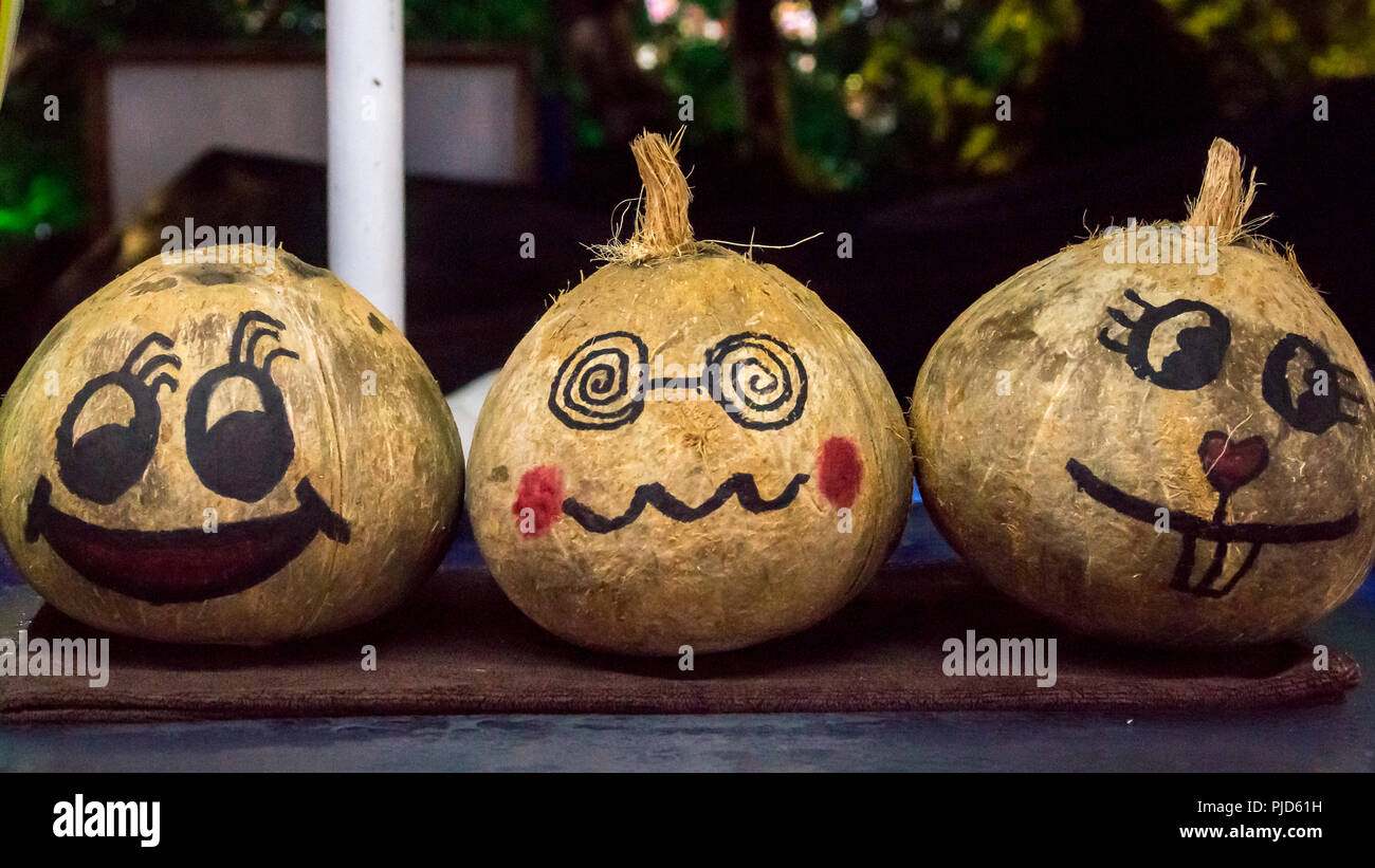 Gli Emoji dipinta su noci di cocco venduti al mercato asiatico Foto Stock