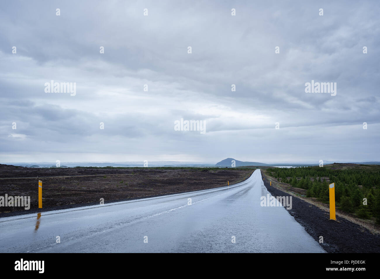 Strada bagnata dopo la pioggia. Cielo tempestoso con nuvole scure. Nei pressi del Lago Myvatn, Islanda Foto Stock