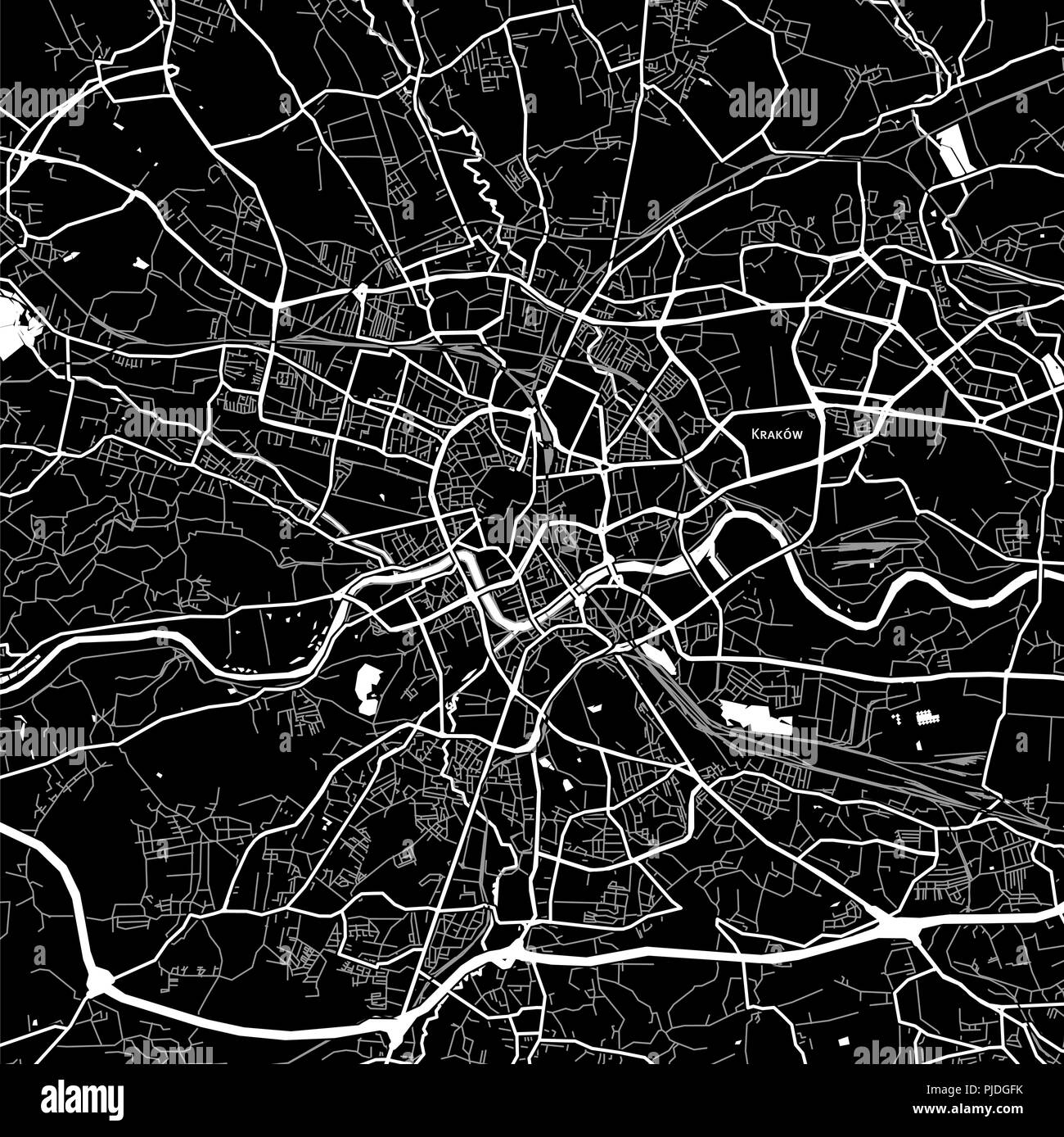 Mappa della zona di Cracovia, in Polonia. Sfondo scuro versione per una infografica e progetti di marketing. Illustrazione Vettoriale