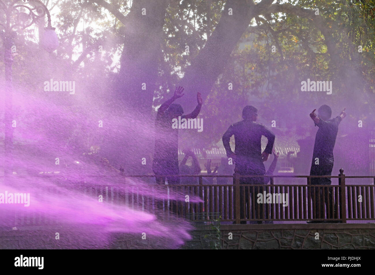 India. 05 Sep, 2018. Gli insegnanti gridare slogan come polizia viola a spruzzo acqua colorata per disperderlo durante la protesta del mondo insegnanti giorno dai muscoli di flessione su di loro che chiedevano attuazione del settimo pagare la commissione e delinking di SSA stipendi da MHRD per il bilancio dello Stato in Srinagar città di Indiano Kashmir controllato il 5 settembre 2018. Credito: Umer Asif/Pacific Press/Alamy Live News Foto Stock