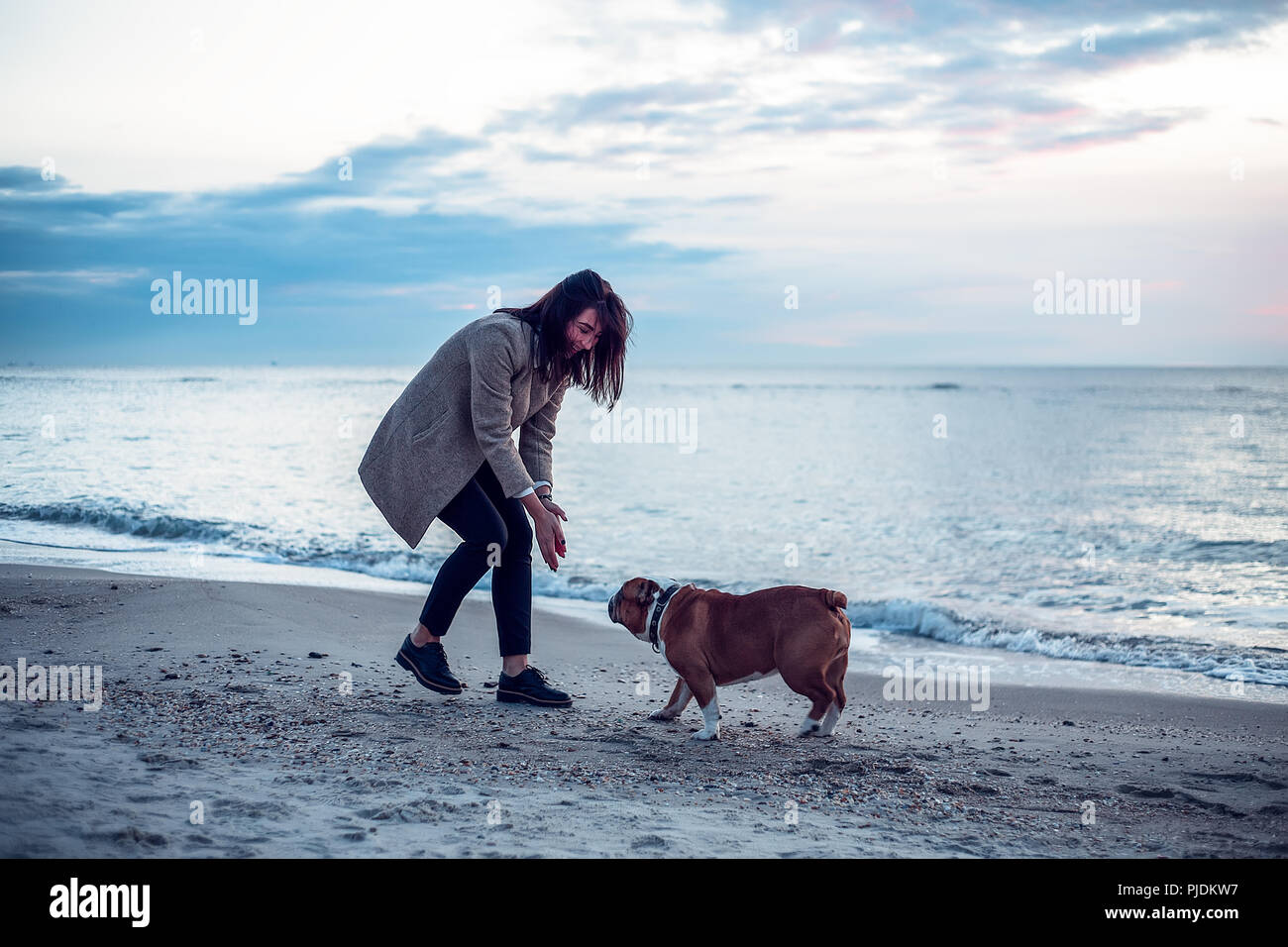 Giovane donna giocando con il cane sulla spiaggia Foto Stock