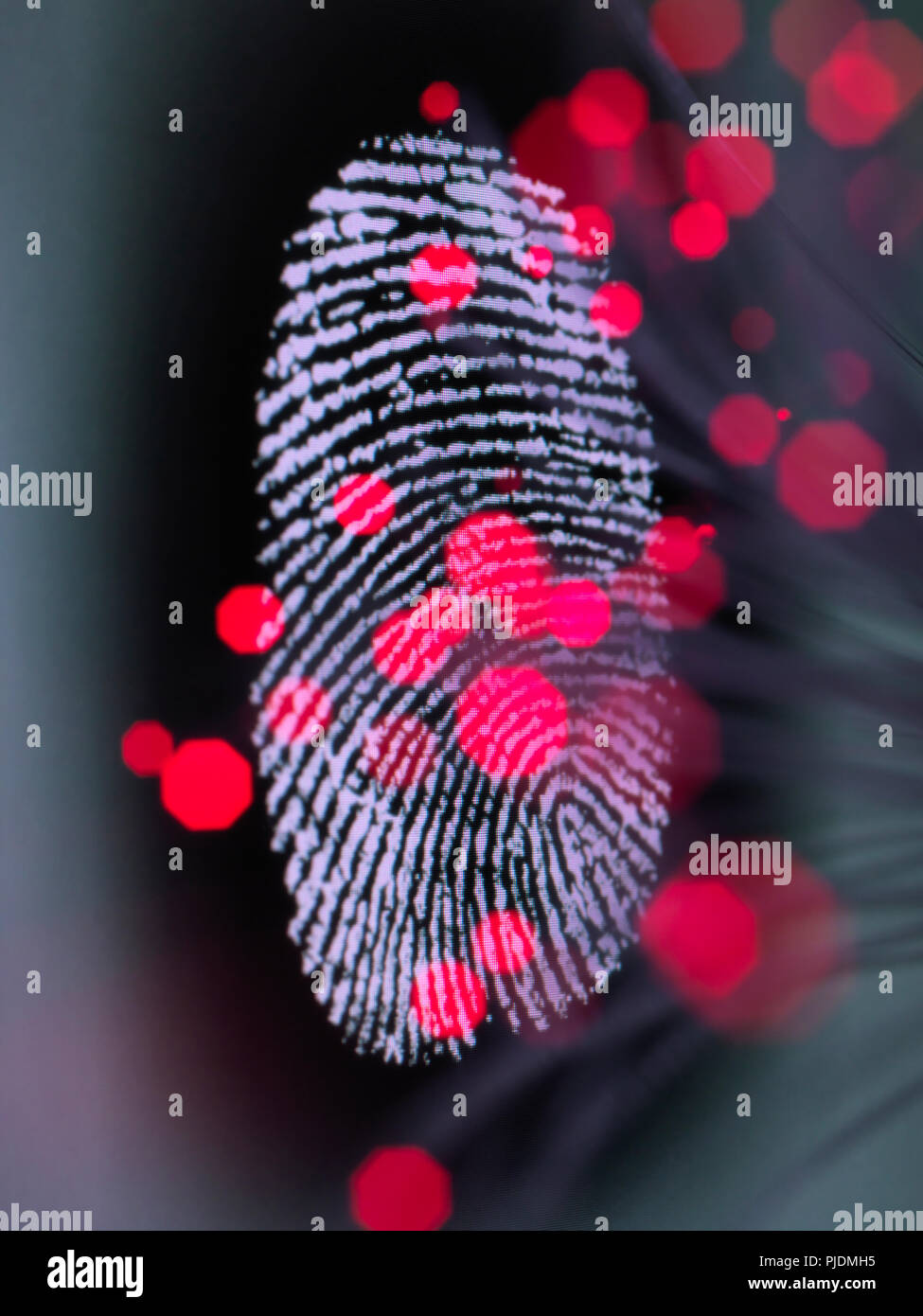 I dati di infettare un dito identità di stampa su uno schermo per illustrare l'hacking e criminalità informatica Foto Stock