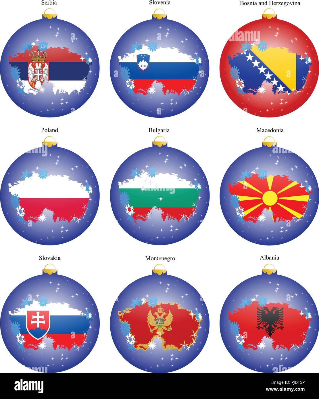 Set di icone. Albero di natale sfere con bandiere dell'Europa. Vettore. 3D. Illustrazione Vettoriale