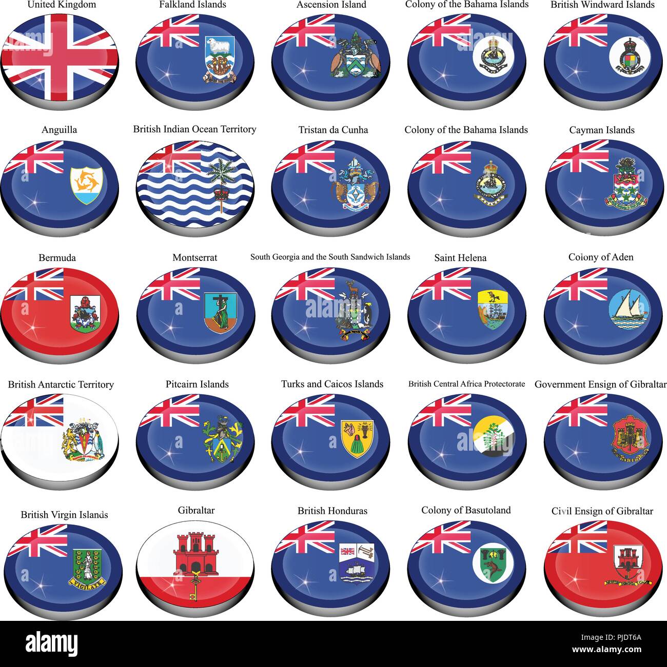 Set di icone. Territori d'oltremare britannici (BOT) e colonie bandiere. Illustrazione Vettoriale
