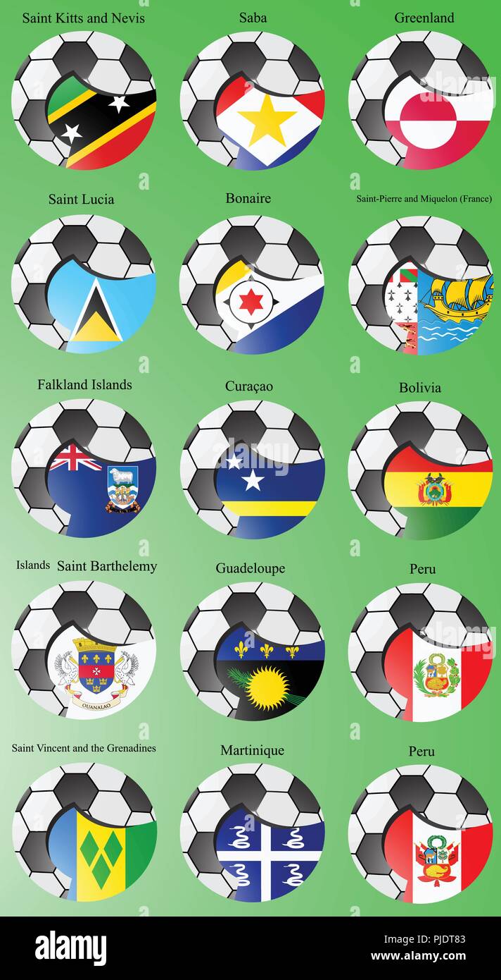 Set di icone. Le bandiere del Sud e America centrale con pallone da calcio. Vettore. 3D. Illustrazione Vettoriale