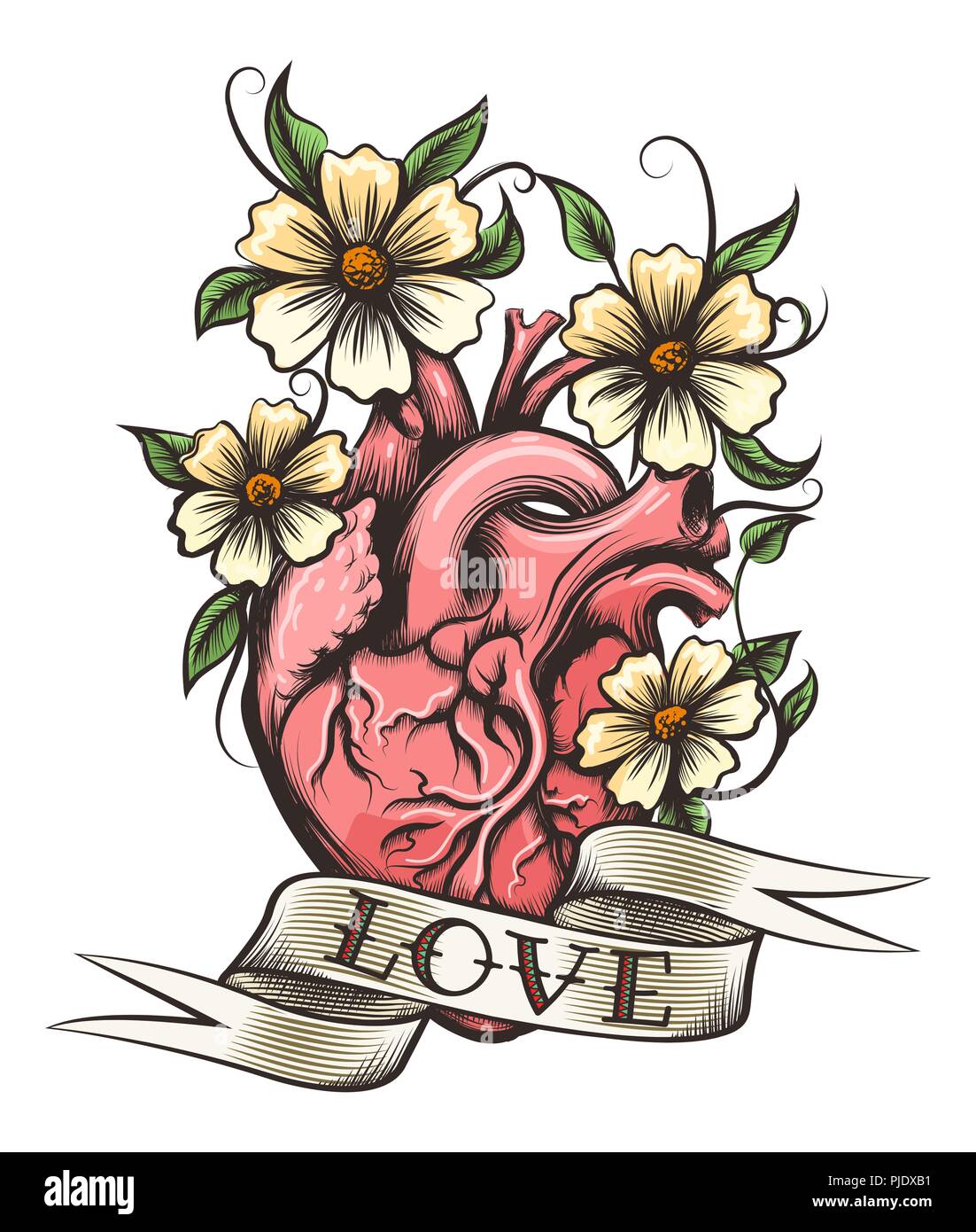 Il cuore umano, fiori e nastri con disegnati a mano scritte amore in stile tatuaggio. Illustrazione Vettoriale. Illustrazione Vettoriale