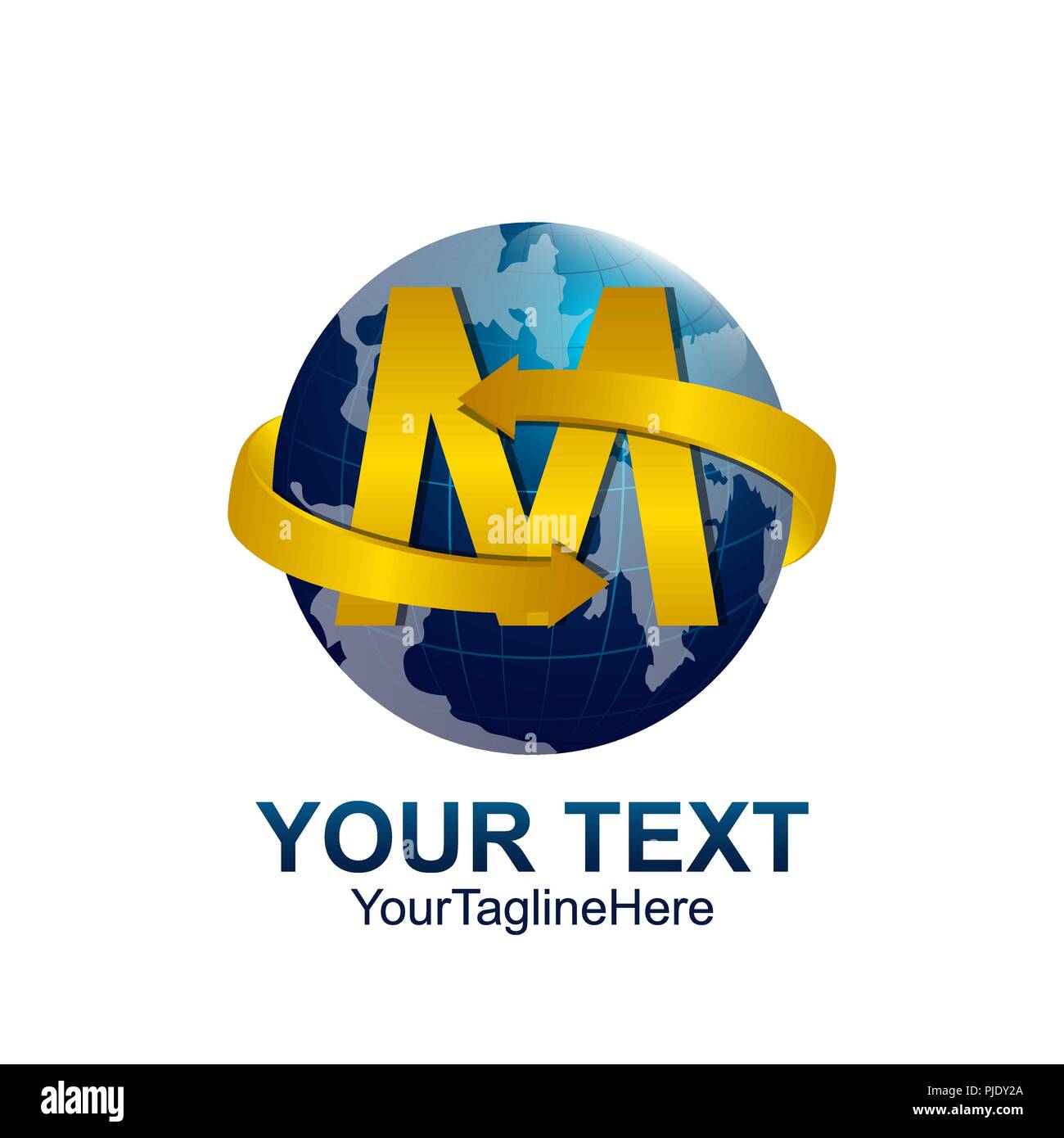 Lettera iniziale M modello logo colorato di giallo freccia design Globe per il business e l'identità aziendale Illustrazione Vettoriale