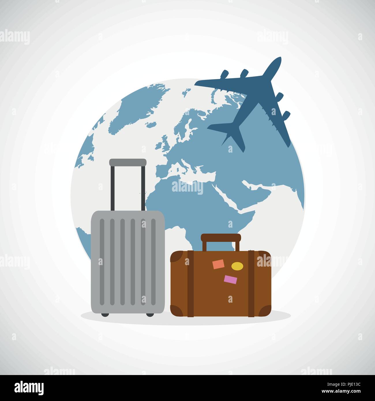 I viaggi di vacanza valigia grigio e marrone con adesivo e il piano blu illustrazione vettoriale EPS10 Illustrazione Vettoriale