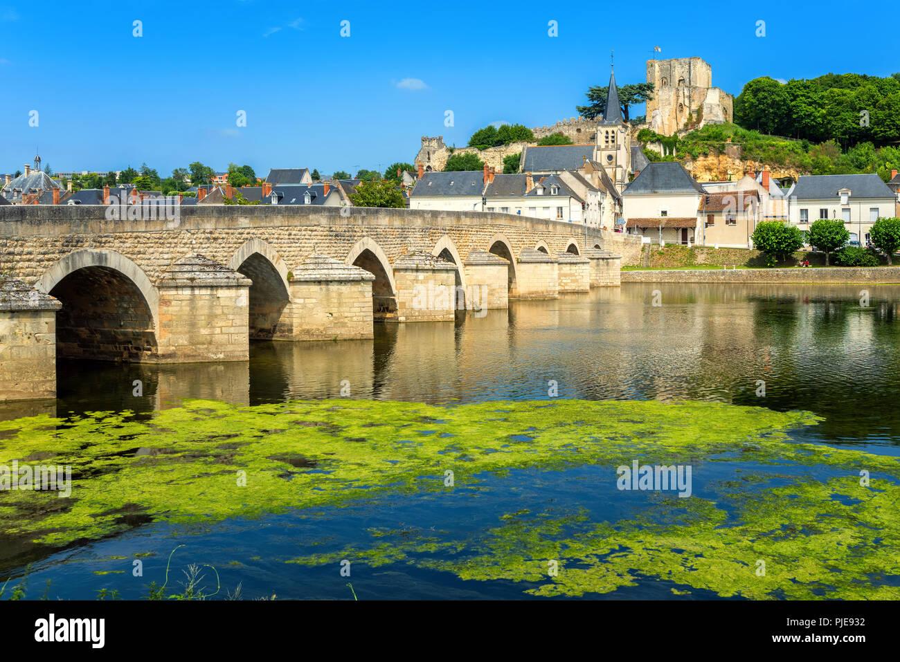 Montrichard centro medievale della Città Vecchia con il ponte di pietra, il castello e la chiesa, sul fiume Cher nella Valle della Loira, Francia Foto Stock