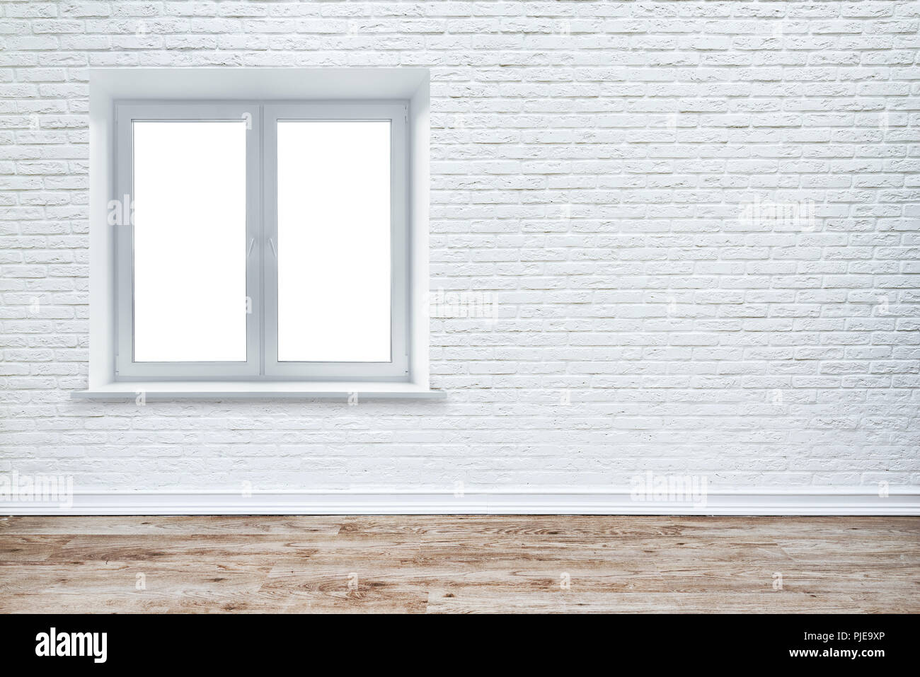 Bianco parete di mattoni e asse pavimento in legno. Foto Stock