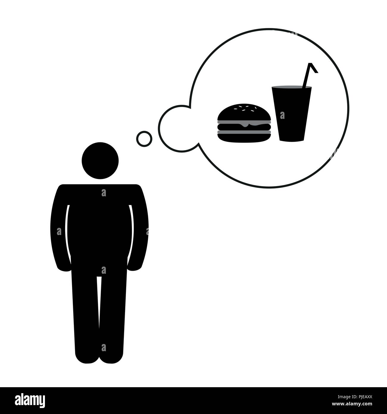 Fat Man pensare malsana fast food pittogramma illustrazione vettoriale EPS10 Illustrazione Vettoriale
