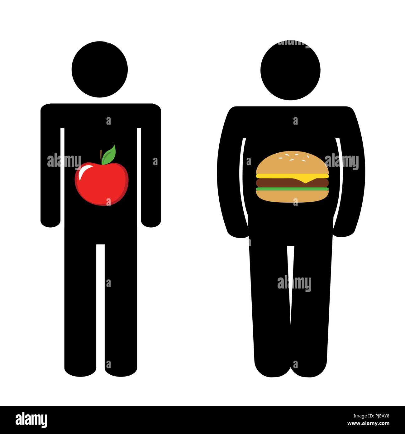 Uomo sano con Apple e con malsana fast food Burger pittogramma illustrazione vettoriale EPS10 Illustrazione Vettoriale
