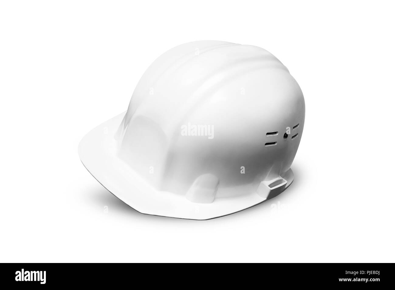 In plastica bianca casco di sicurezza isolati su sfondo bianco Foto Stock