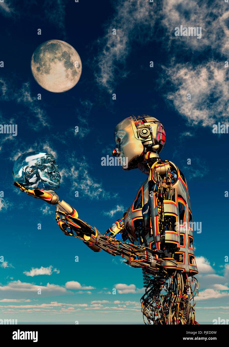 Cyborg tenendo il teschio di cristallo Foto Stock