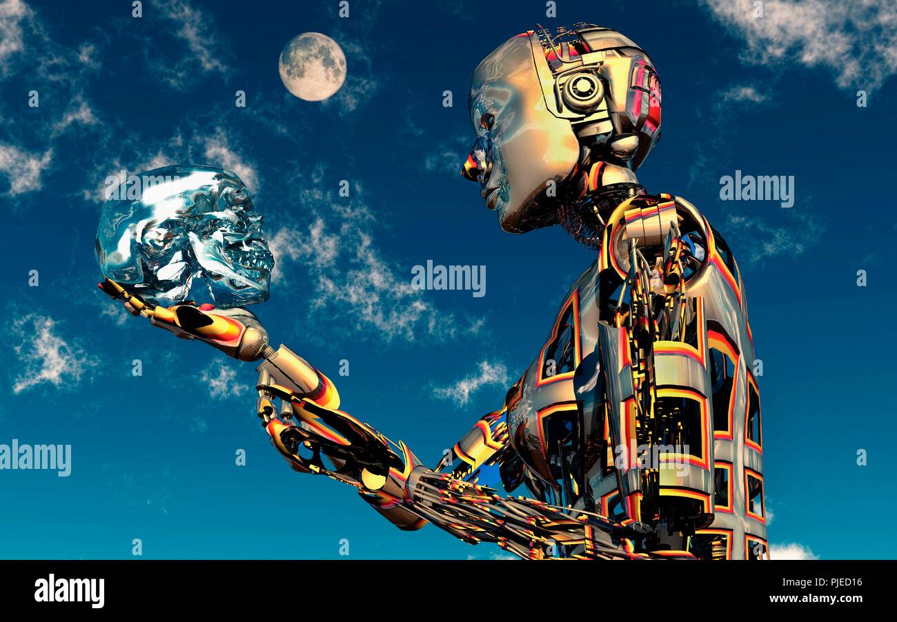Cyborg tenendo il teschio di cristallo Foto Stock