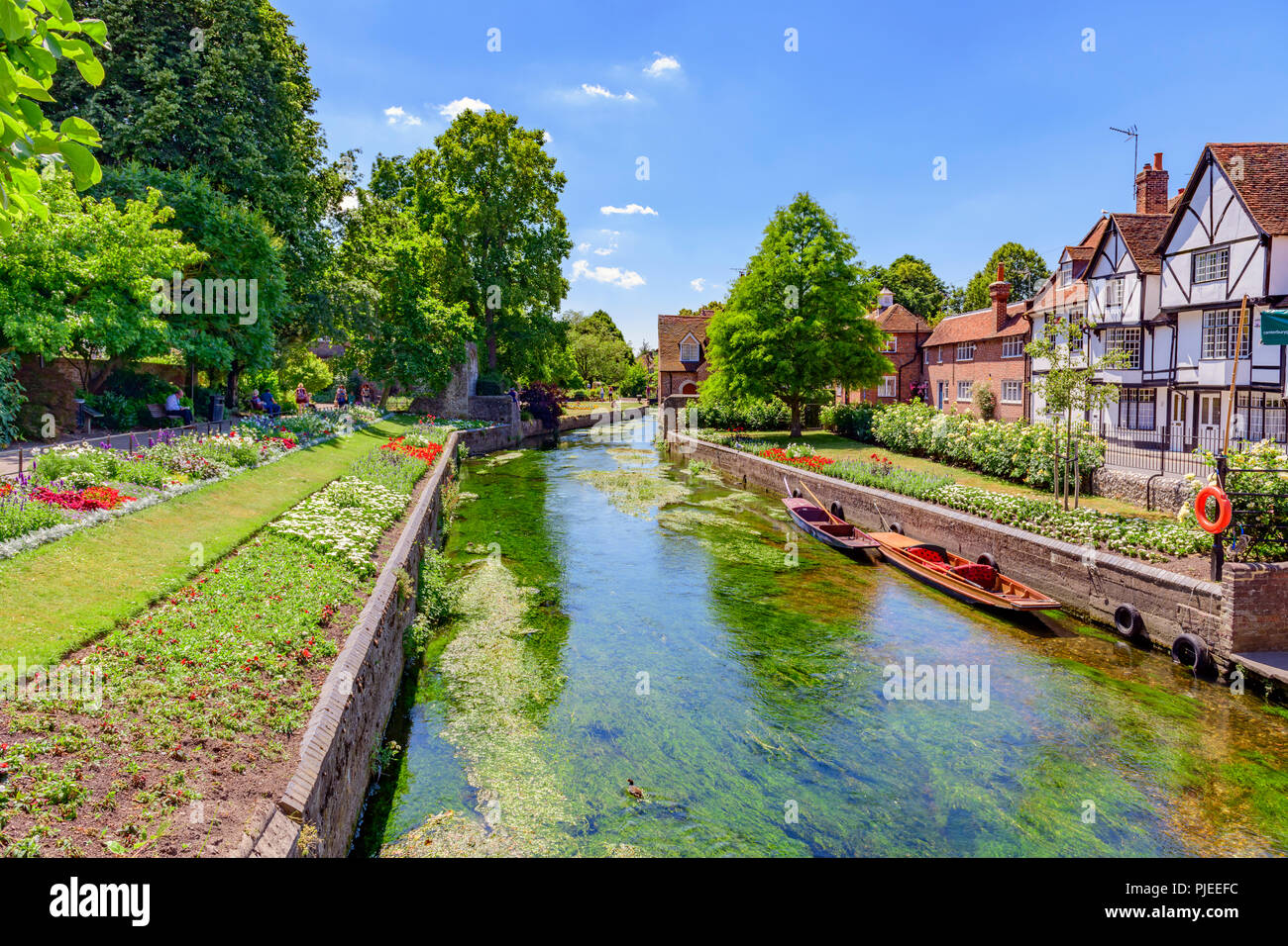 Sterline ormeggiato sul grande fiume stour davanti le case con la struttura in legno del westgate grove Canterbury Foto Stock