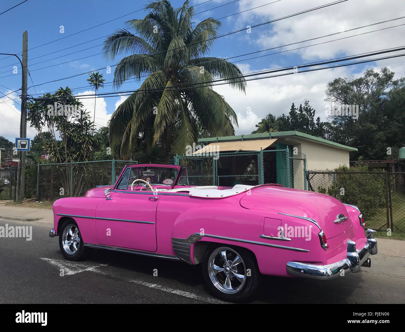 Rosa retrò cabriolet auto con le parti cromate sulla strada, la foresta tropicale con palme sui lati, area residenziale nella giungla, Havana, Cuba Foto Stock