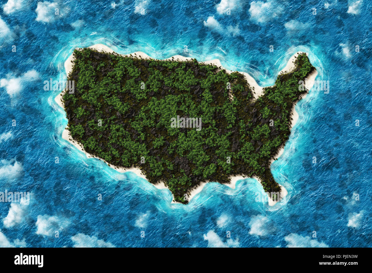 Montagne e foreste mappa degli Stati Uniti d'America in vista aerea con oceano Atlantico sullo sfondo Foto Stock