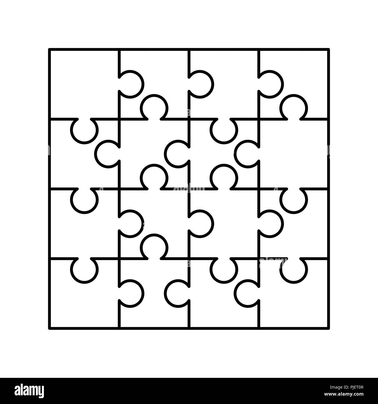 Bianco 16 Pezzi di puzzle disposti in un quadrato. Puzzle template pronti per la stampa. Linee guida di taglio isolato su bianco Illustrazione Vettoriale
