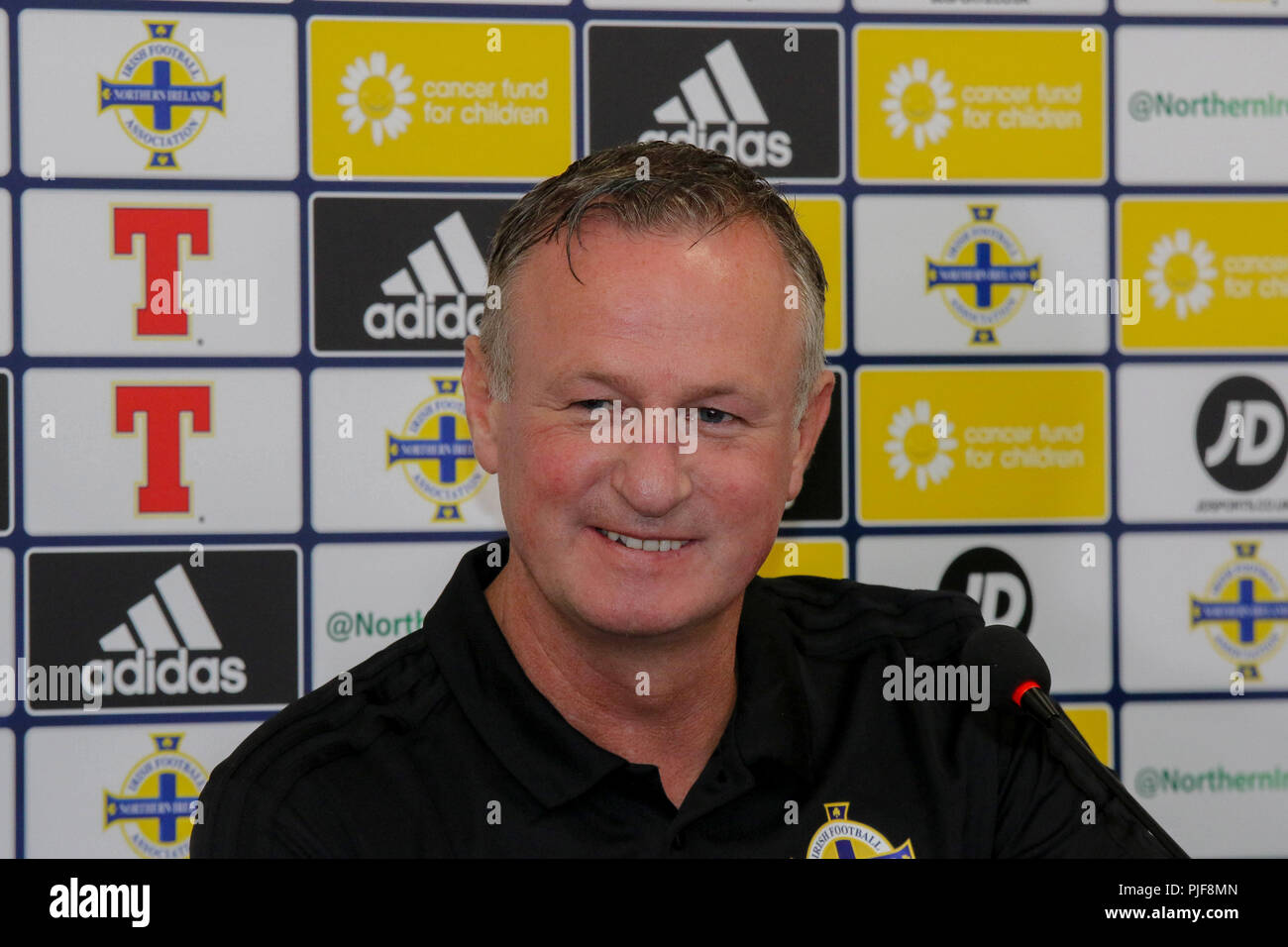 Windsor Park, Belfast, Irlanda del Nord. 07 settembre 2018. Irlanda del Nord manager Michael O'Neill a oggi la conferenza stampa a Belfast. Irlanda del Nord gioca la Bosnia Erzegovina a Windsor Park domani sera in UEFA la lega delle nazioni. Credito: David Hunter/Alamy Live News. Foto Stock