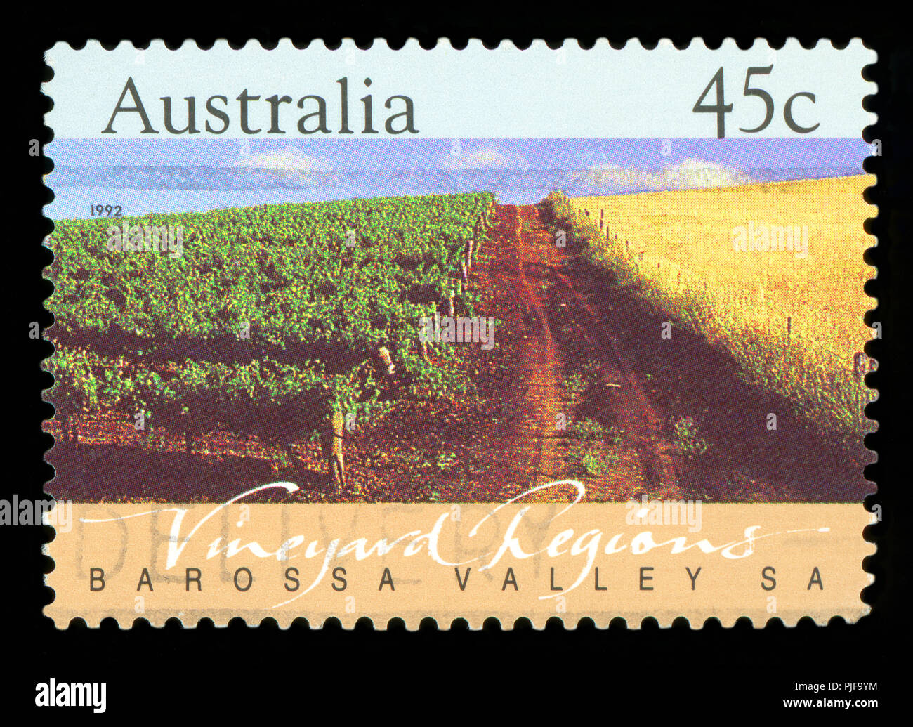 AUSTRALIA - circa 1992: un timbro stampato in Australia mostra la Barossa Valley, regioni di vigna, Sud Australia, serie, circa 1992 Foto Stock