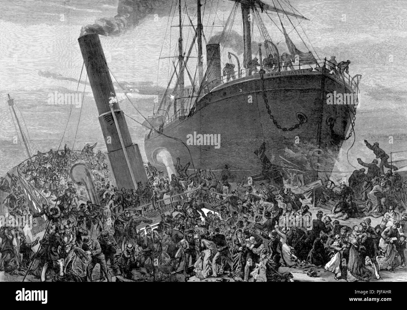 Collisione tra la principessa Alice e Bywell Castello. Il grande disastro sul Tamigi, il naufragio della principessa Alice, collisione tra la principessa Alice e il castello di Bywell, SS principessa Alice, passeggero battello a vapore affondato nel 1878 in una collisione off Tripcock punto sul Fiume Tamigi con il collier Bywell castello che ha provocato la perdita di oltre 650 vite, la più grande perdita della vita di qualsiasi British navigazione fluviale disastro. Foto Stock