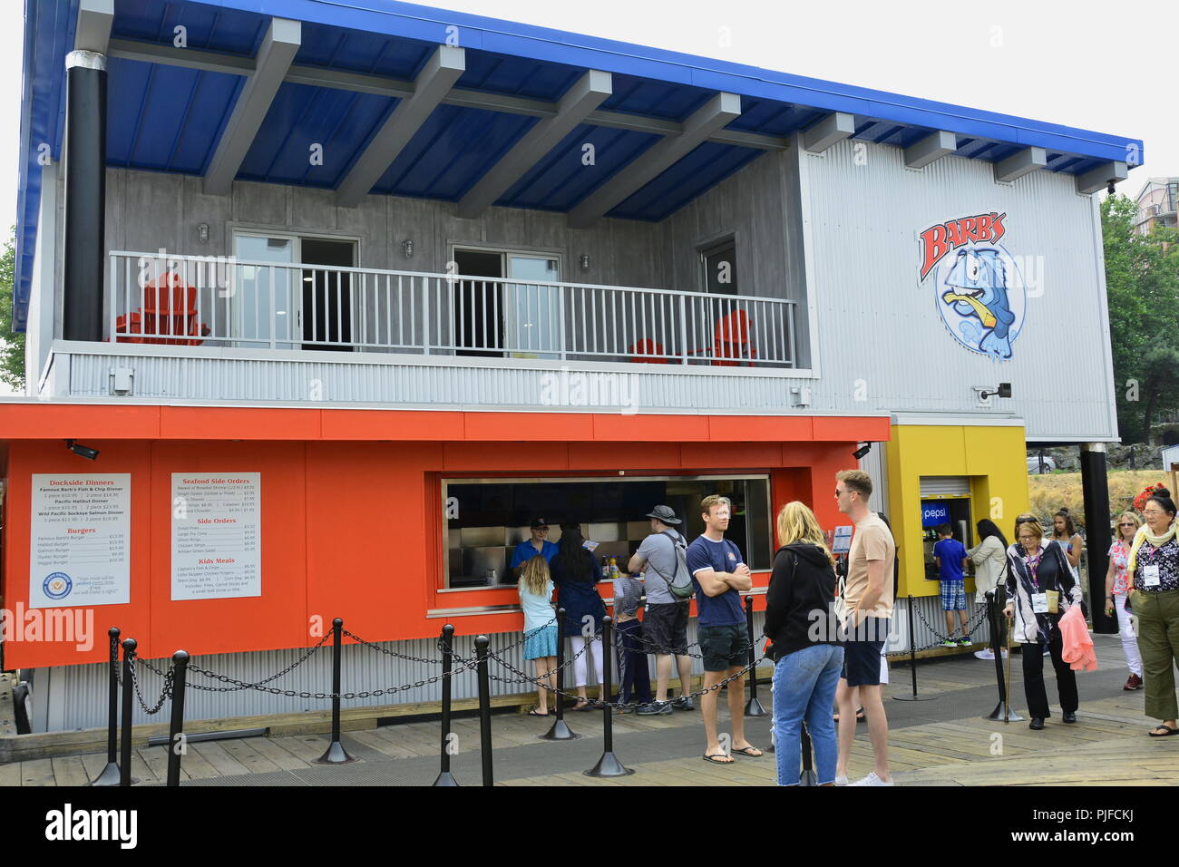 Ristoranti al Fisherman's Wharf a Victoria BC, Canada Foto Stock